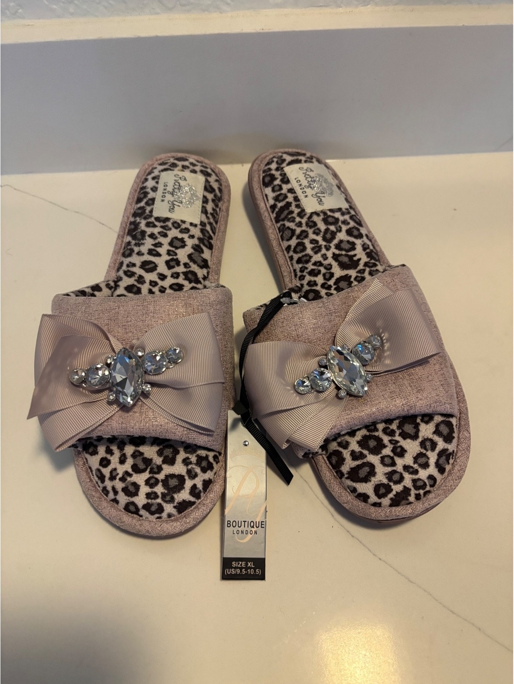 Pretty You London “Elodie” Leopard Print Slide Slippers with Bow Jewel